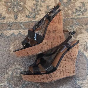 Black patent wedge sandals